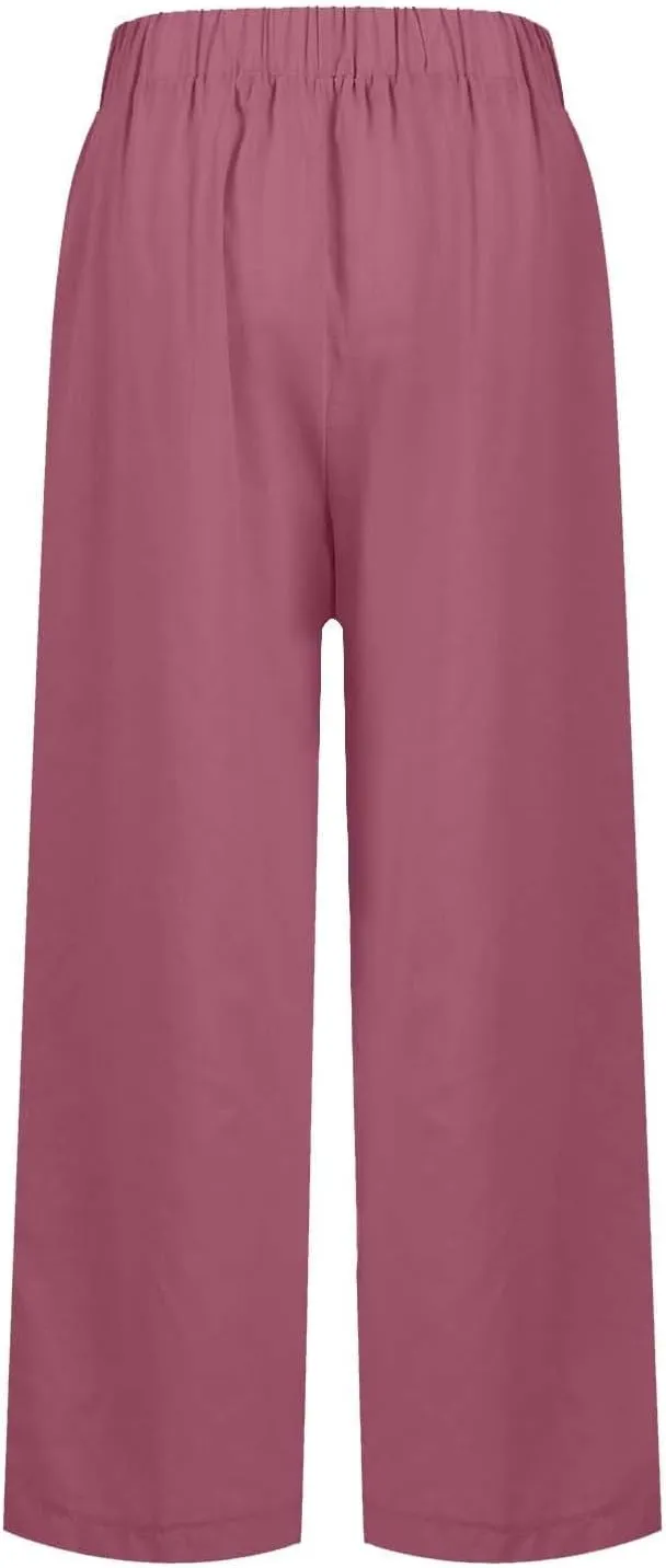 Cropped Linen Pants Women Petite Plus Size Wide Leg Crop Pants Elastic Waist Straight Leg Lightweight Summer Pants
