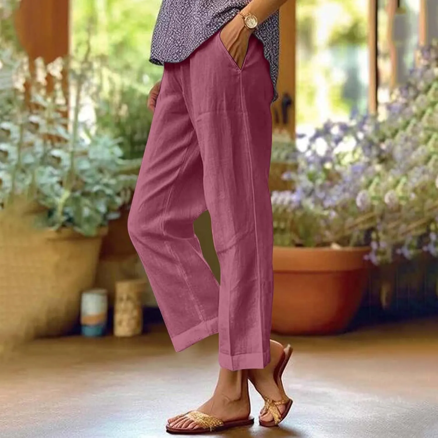 Cropped Linen Pants Women Petite Plus Size Wide Leg Crop Pants Elastic Waist Straight Leg Lightweight Summer Pants