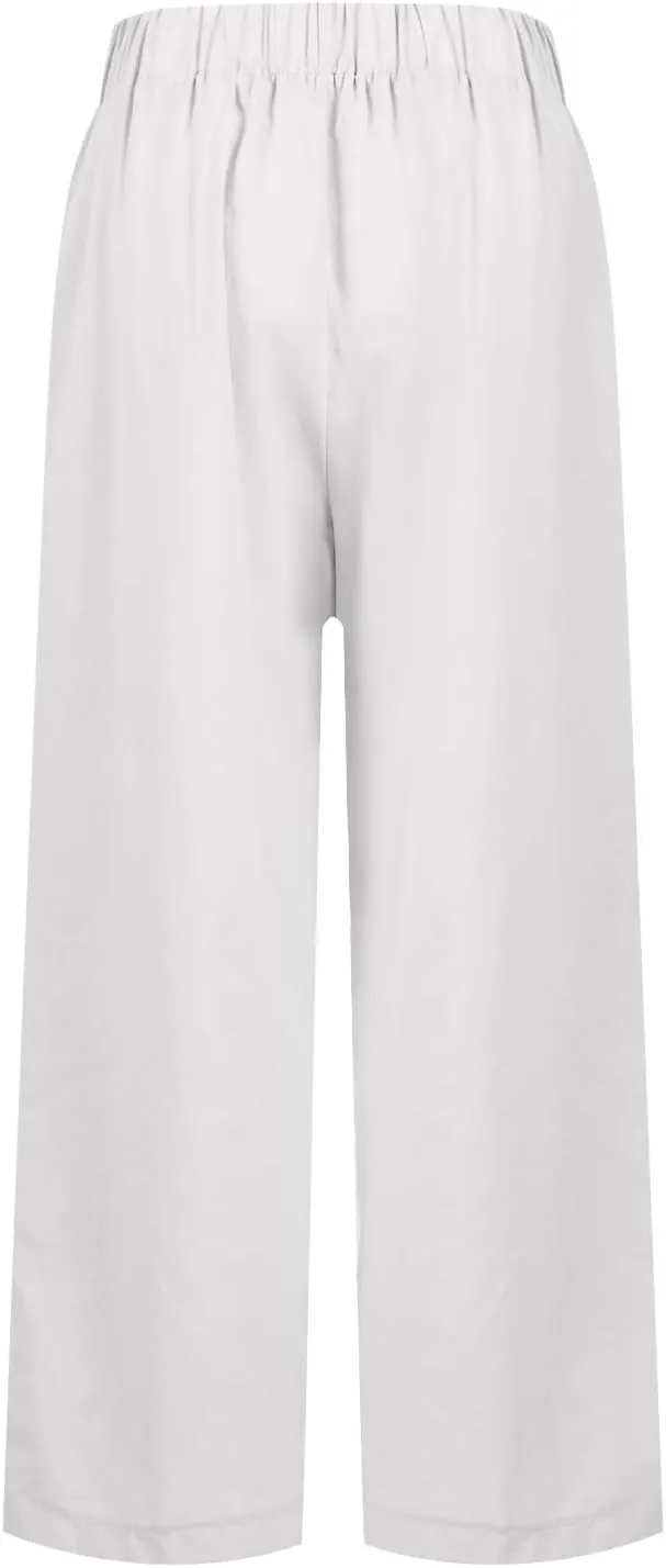 Cropped Linen Pants Women Petite Plus Size Wide Leg Crop Pants Elastic Waist Straight Leg Lightweight Summer Pants