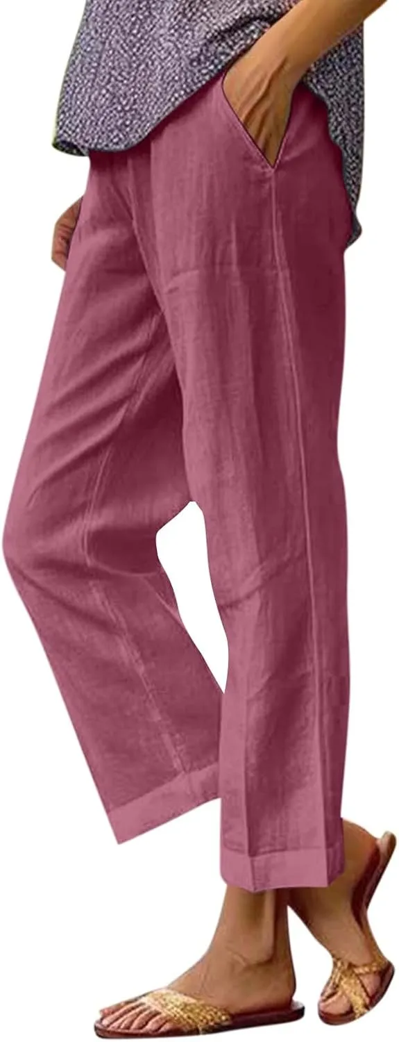 Cropped Linen Pants Women Petite Plus Size Wide Leg Crop Pants Elastic Waist Straight Leg Lightweight Summer Pants