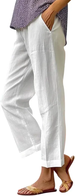 Cropped Linen Pants Women Petite Plus Size Wide Leg Crop Pants Elastic Waist Straight Leg Lightweight Summer Pants