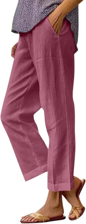 Cropped Linen Pants Women Petite Plus Size Wide Leg Crop Pants Elastic Waist Straight Leg Lightweight Summer Pants