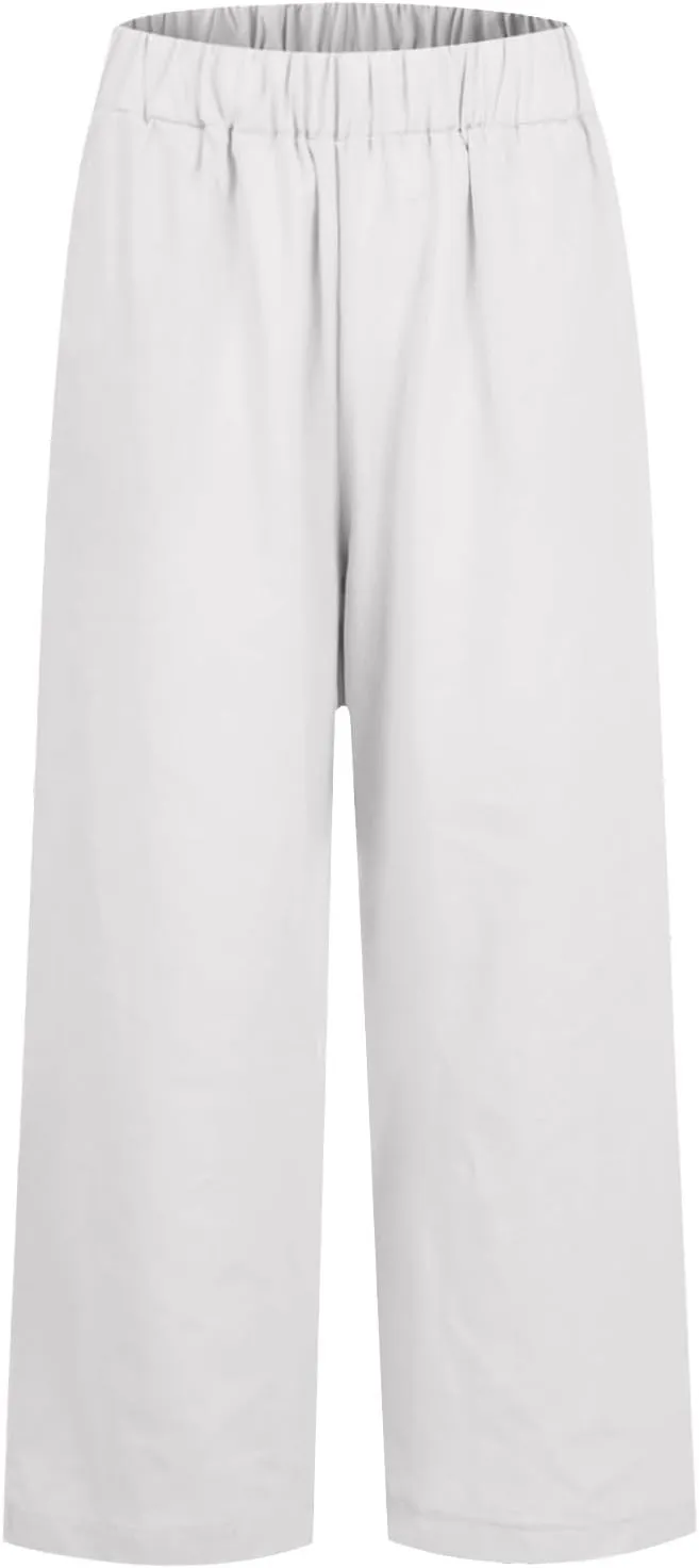 Cropped Linen Pants Women Petite Plus Size Wide Leg Crop Pants Elastic Waist Straight Leg Lightweight Summer Pants
