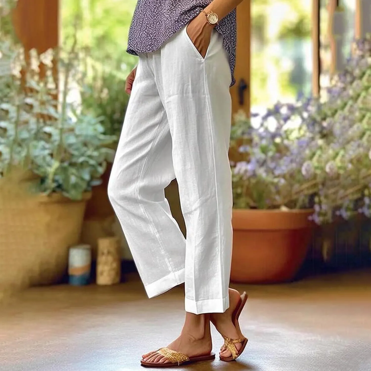 Cropped Linen Pants Women Petite Plus Size Wide Leg Crop Pants Elastic Waist Straight Leg Lightweight Summer Pants