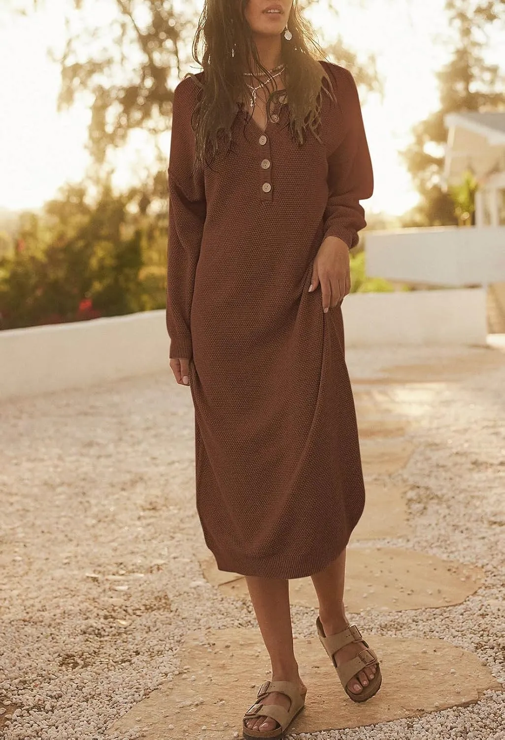 Cutiefox Women's Fall Winter Sweater Long Dress Button V Neck Batwing Long Sleeve Oversized Waffle Knit Dresses