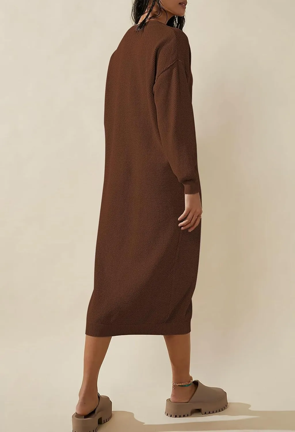 Cutiefox Women's Fall Winter Sweater Long Dress Button V Neck Batwing Long Sleeve Oversized Waffle Knit Dresses