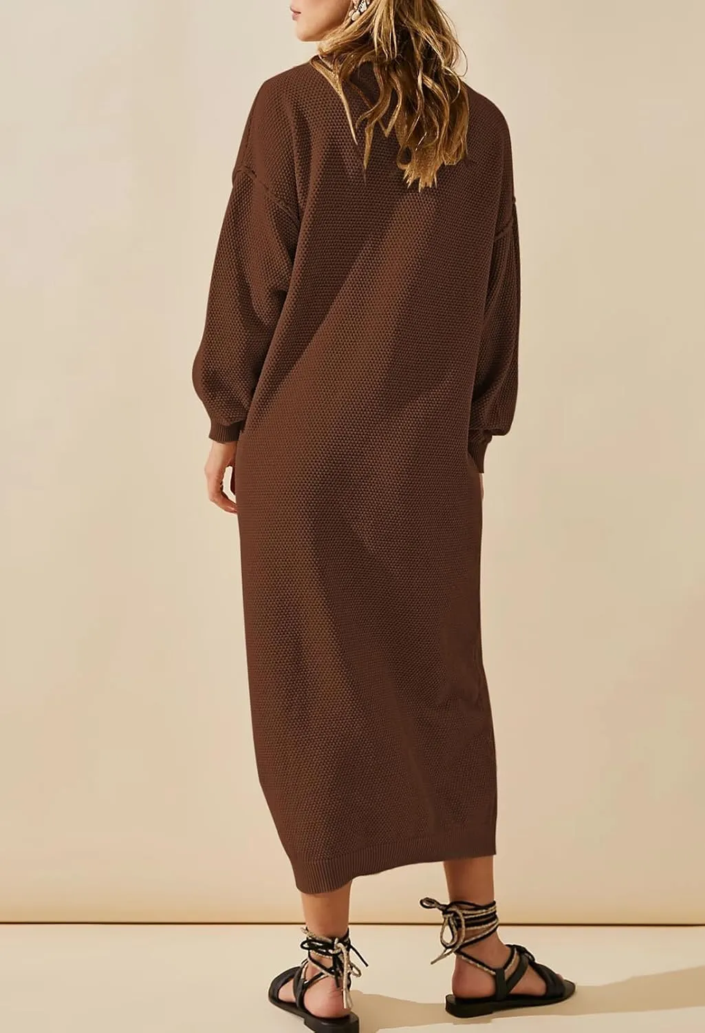 Cutiefox Women's Fall Winter Sweater Long Dress Button V Neck Batwing Long Sleeve Oversized Waffle Knit Dresses