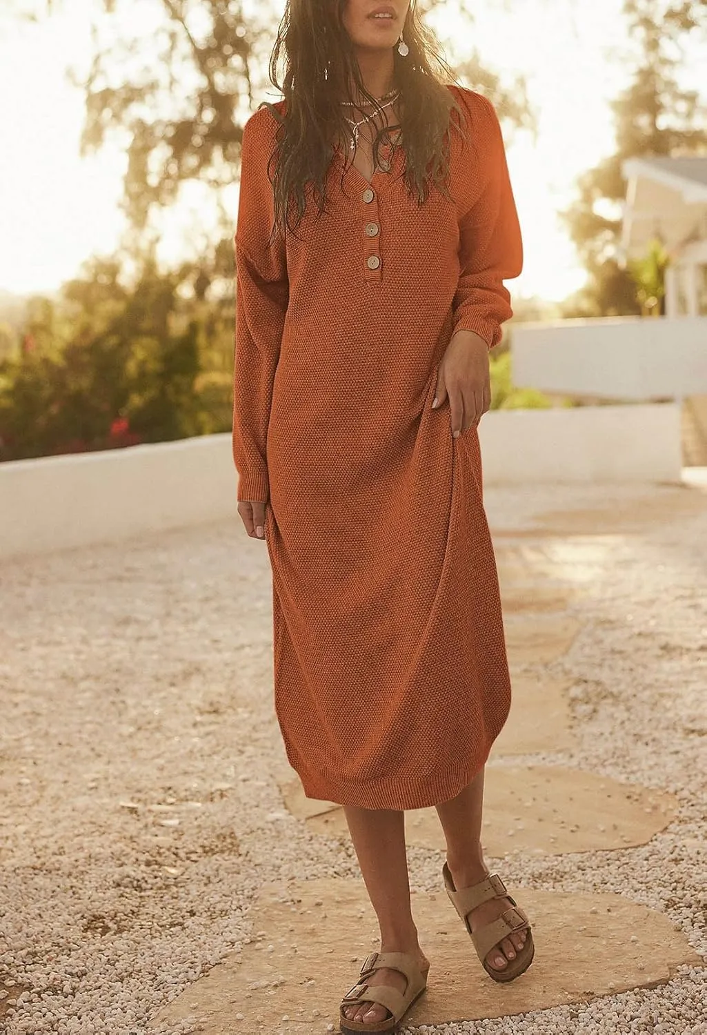 Cutiefox Women's Fall Winter Sweater Long Dress Button V Neck Batwing Long Sleeve Oversized Waffle Knit Dresses