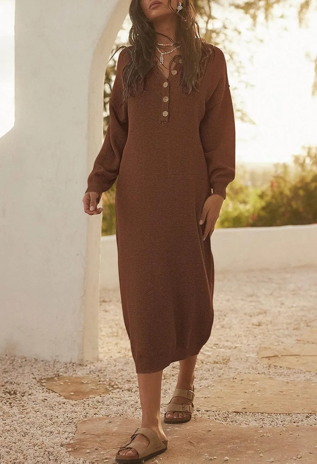 Cutiefox Women's Fall Winter Sweater Long Dress Button V Neck Batwing Long Sleeve Oversized Waffle Knit Dresses
