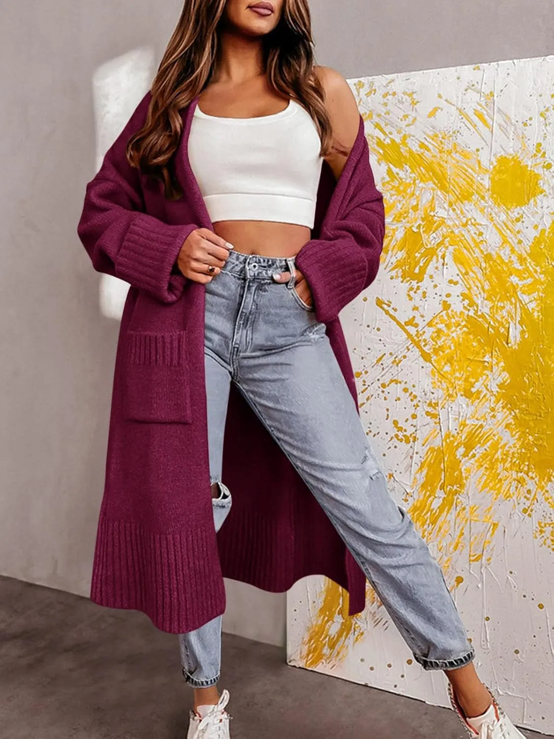 Danedvi Long Cardigan Sweaters for Women 2023 Fall Open Front Knit Oversized Cardigans Duster Coat with Pockets