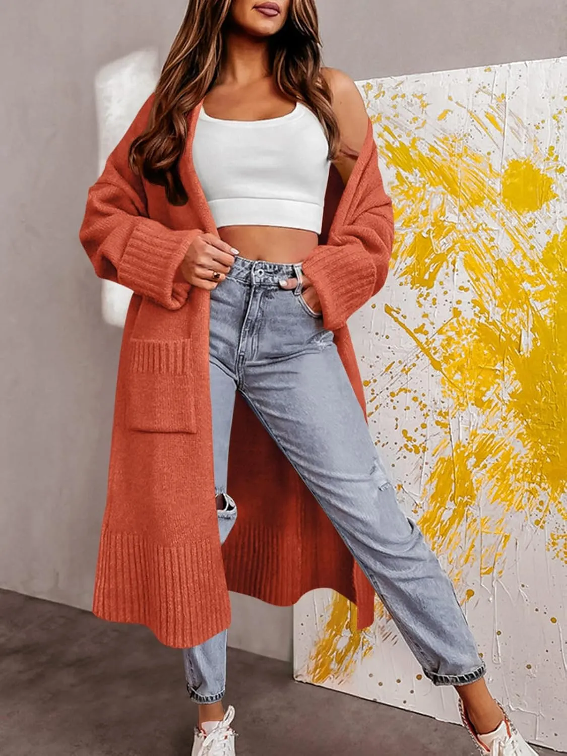 Danedvi Long Cardigan Sweaters for Women 2023 Fall Open Front Knit Oversized Cardigans Duster Coat with Pockets