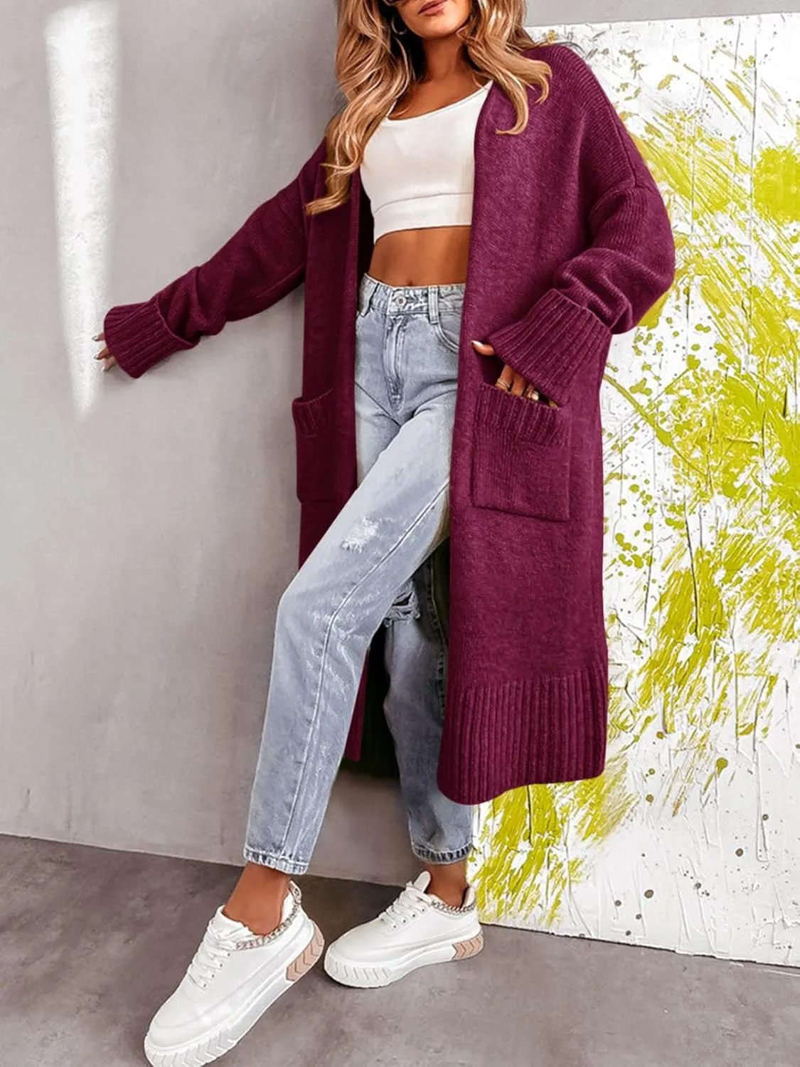 Danedvi Long Cardigan Sweaters for Women 2023 Fall Open Front Knit Oversized Cardigans Duster Coat with Pockets