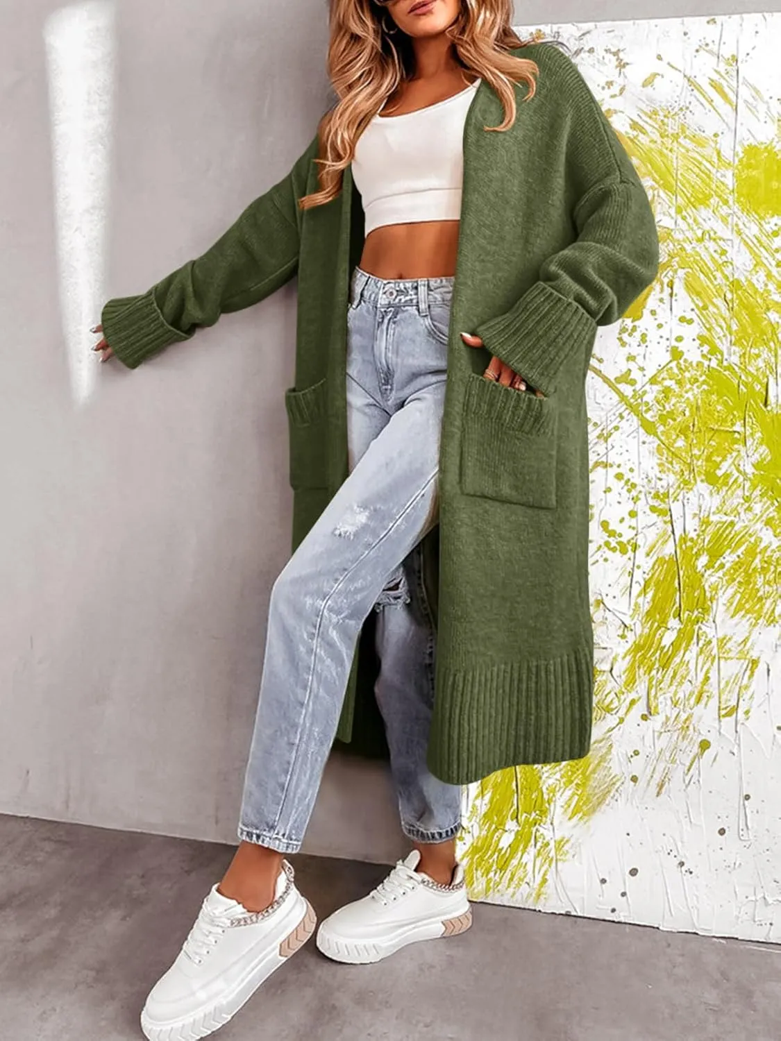 Danedvi Long Cardigan Sweaters for Women 2023 Fall Open Front Knit Oversized Cardigans Duster Coat with Pockets