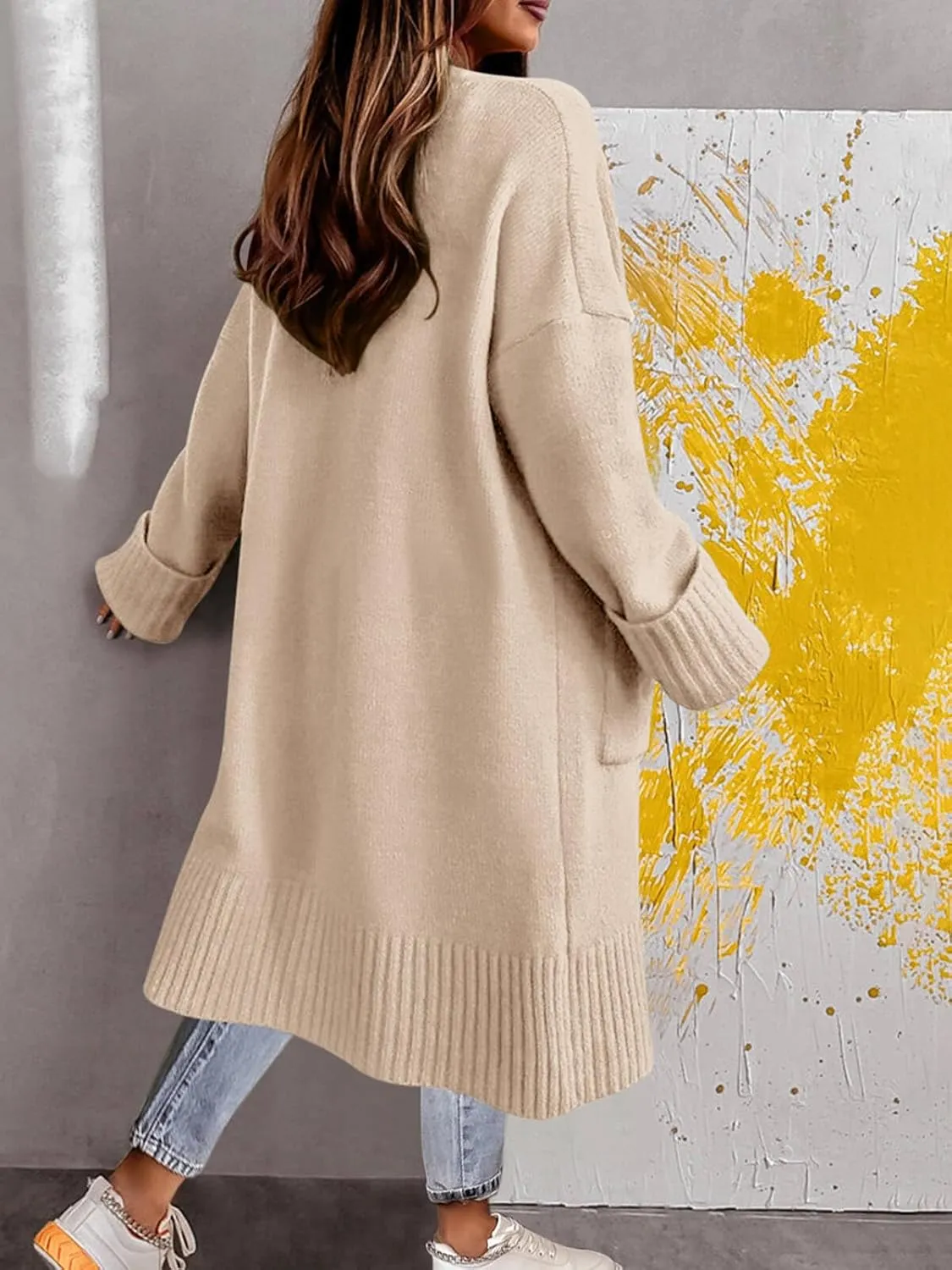 Danedvi Long Cardigan Sweaters for Women 2023 Fall Open Front Knit Oversized Cardigans Duster Coat with Pockets