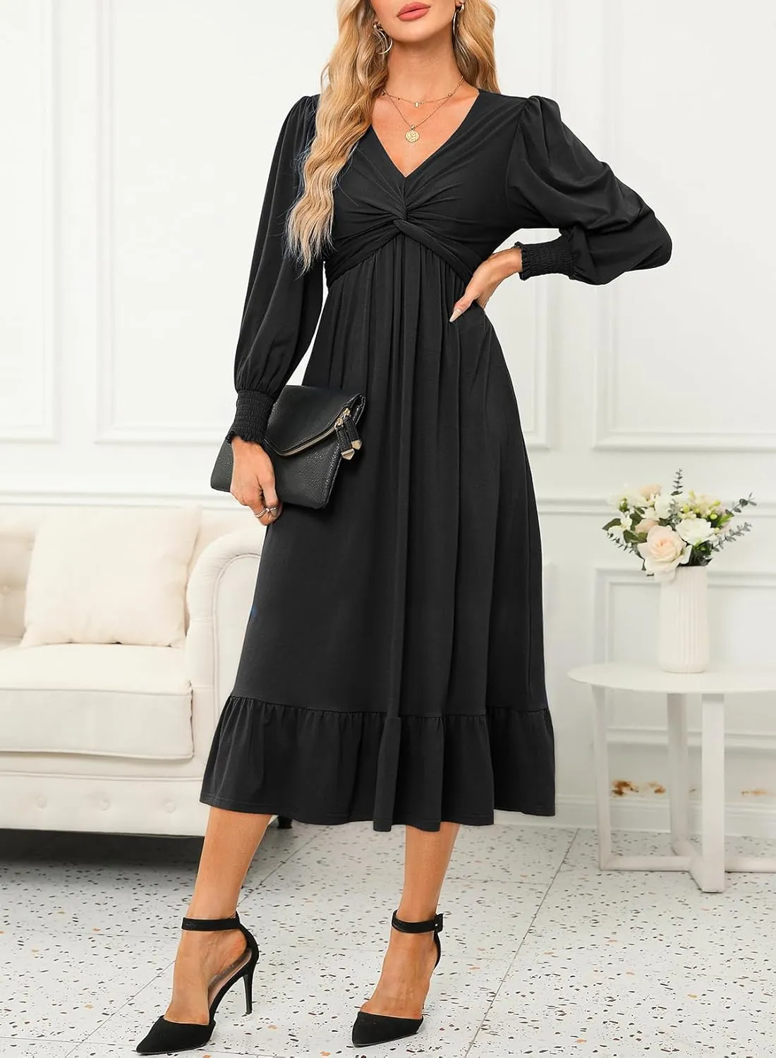 Dokotoo Womens 2024 Wrap V-Neck Twist Knot Long Sleeve Empire Waist Midi Maxi Dress A-Line Ruched Flowy Dress with Pockets