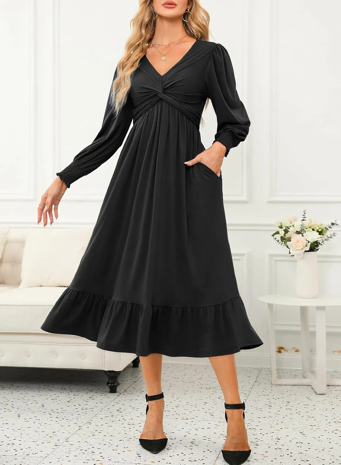 Dokotoo Womens 2024 Wrap V-Neck Twist Knot Long Sleeve Empire Waist Midi Maxi Dress A-Line Ruched Flowy Dress with Pockets