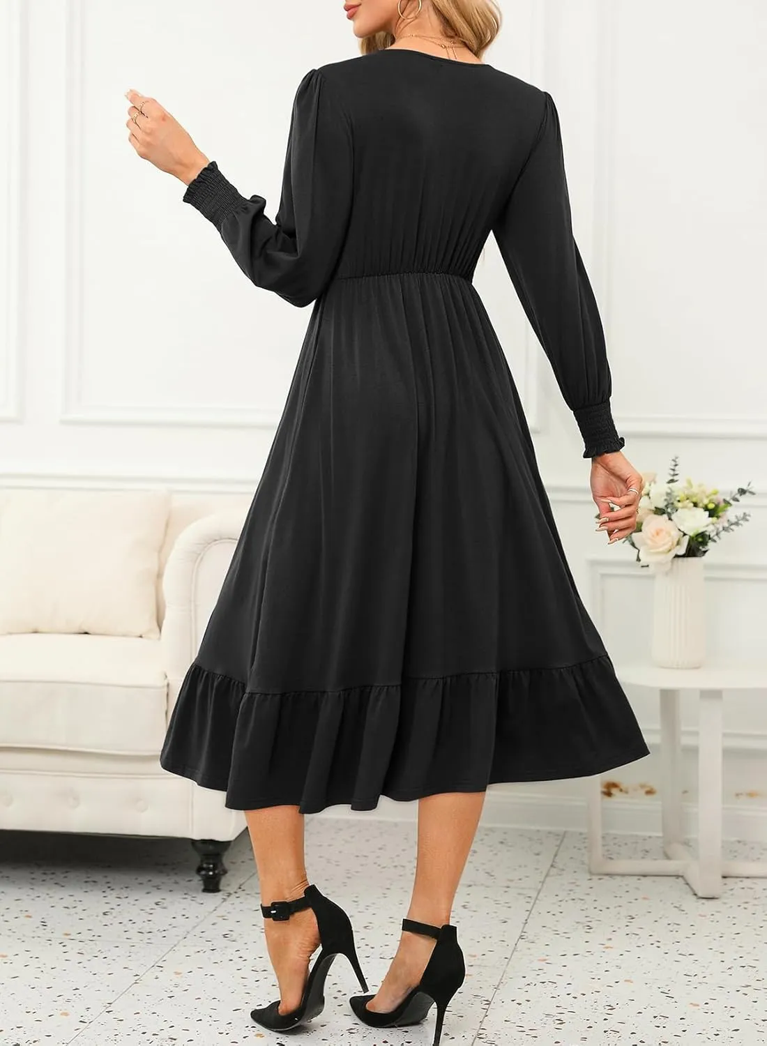 Dokotoo Womens 2024 Wrap V-Neck Twist Knot Long Sleeve Empire Waist Midi Maxi Dress A-Line Ruched Flowy Dress with Pockets