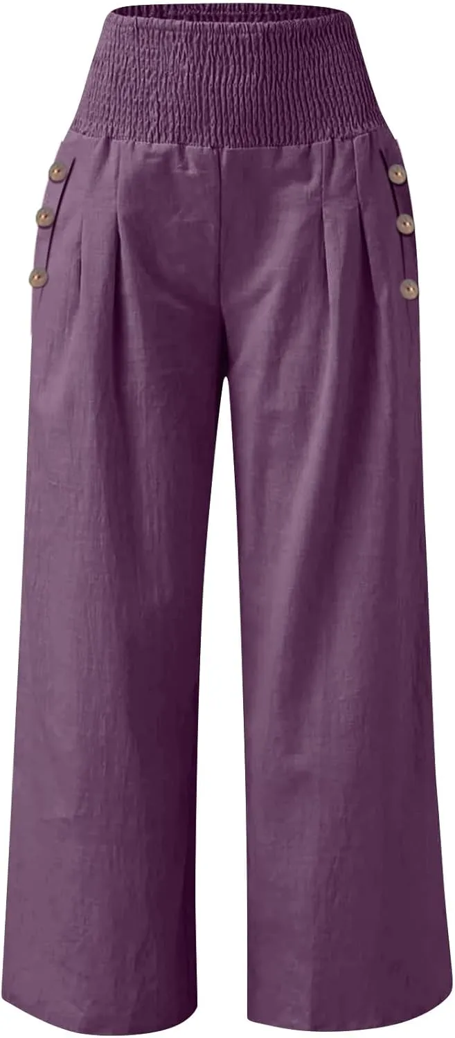 DuDubaby Women Linen Pants 2024 Summer Boho Wide Leg High Waist Casual Lounge Pant Beach Travel Vacation Outfits