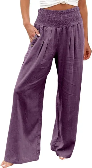 DuDubaby Women Linen Pants 2024 Summer Boho Wide Leg High Waist Casual Lounge Pant Beach Travel Vacation Outfits