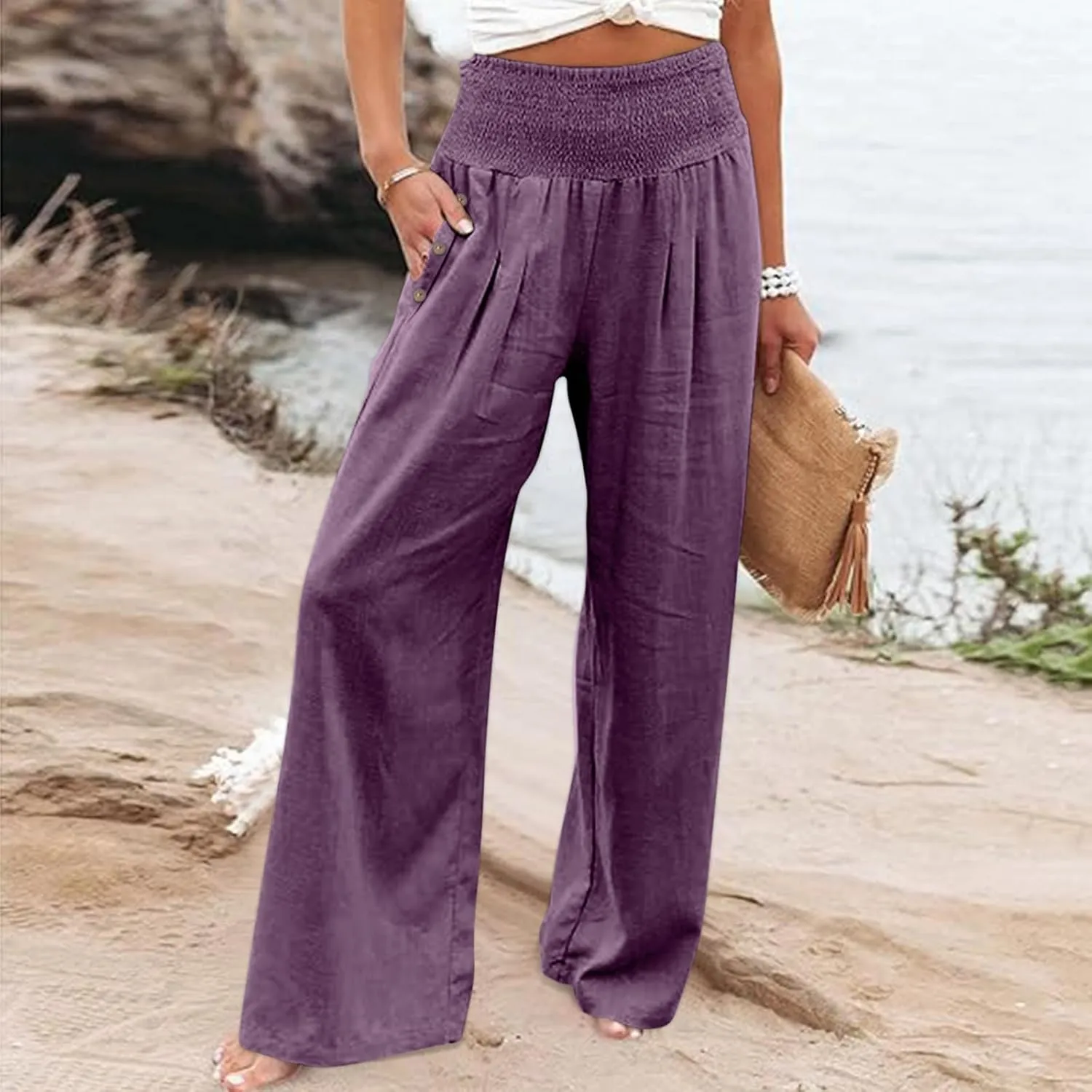 DuDubaby Women Linen Pants 2024 Summer Boho Wide Leg High Waist Casual Lounge Pant Beach Travel Vacation Outfits