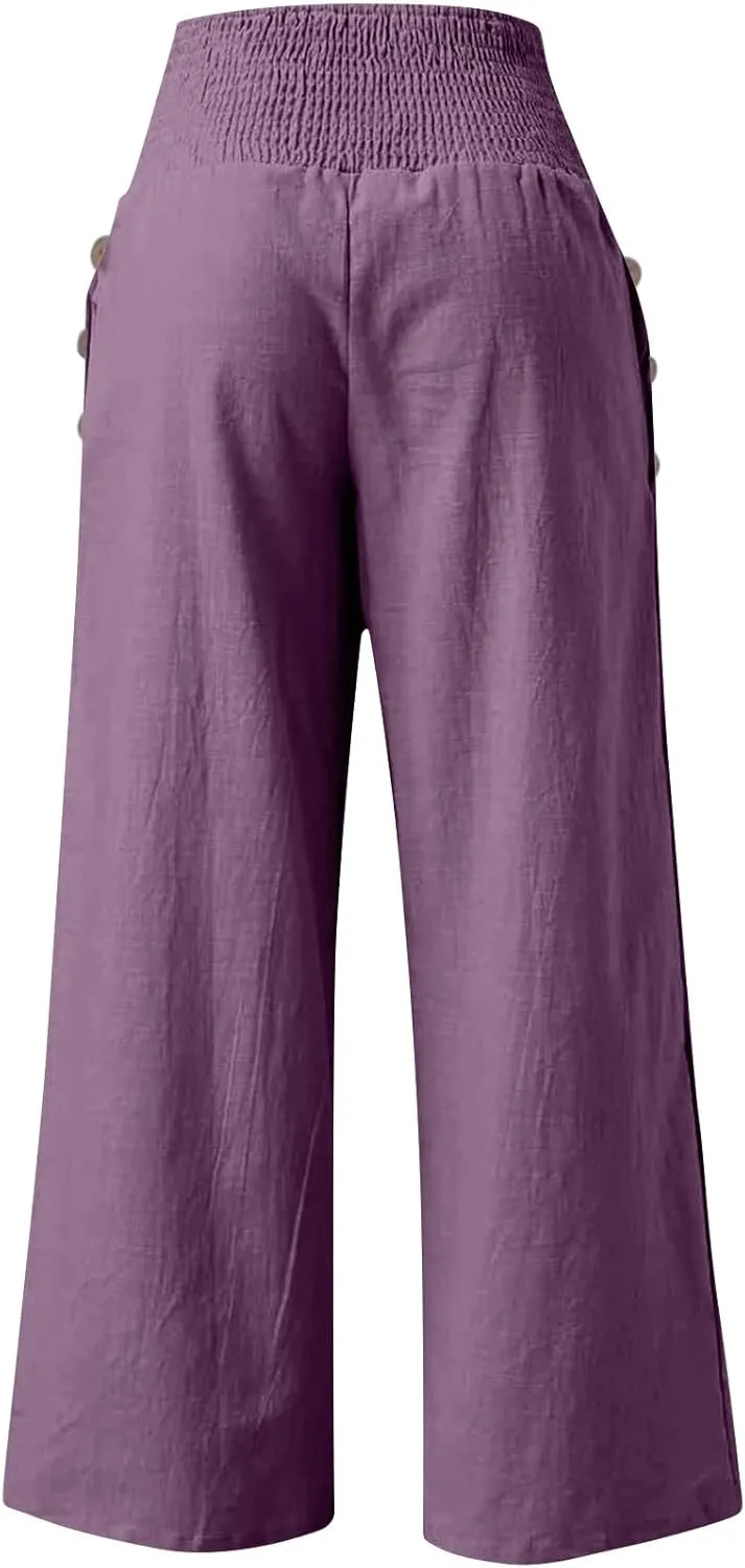 DuDubaby Women Linen Pants 2024 Summer Boho Wide Leg High Waist Casual Lounge Pant Beach Travel Vacation Outfits
