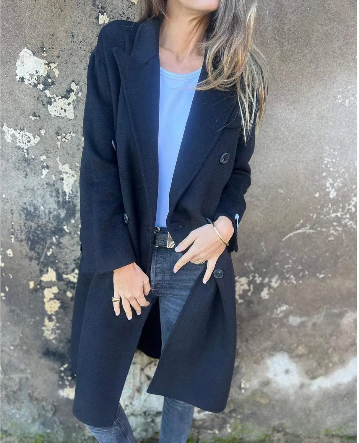 ECDAHICC Womens Wool Blend Coats Lapel Collar Double Breasted Pea Coat Winter Slim Fit Trench Coat with Pocket