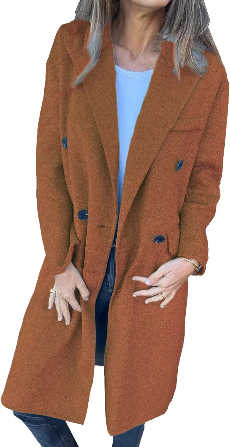 ECDAHICC Womens Wool Blend Coats Lapel Collar Double Breasted Pea Coat Winter Slim Fit Trench Coat with Pocket