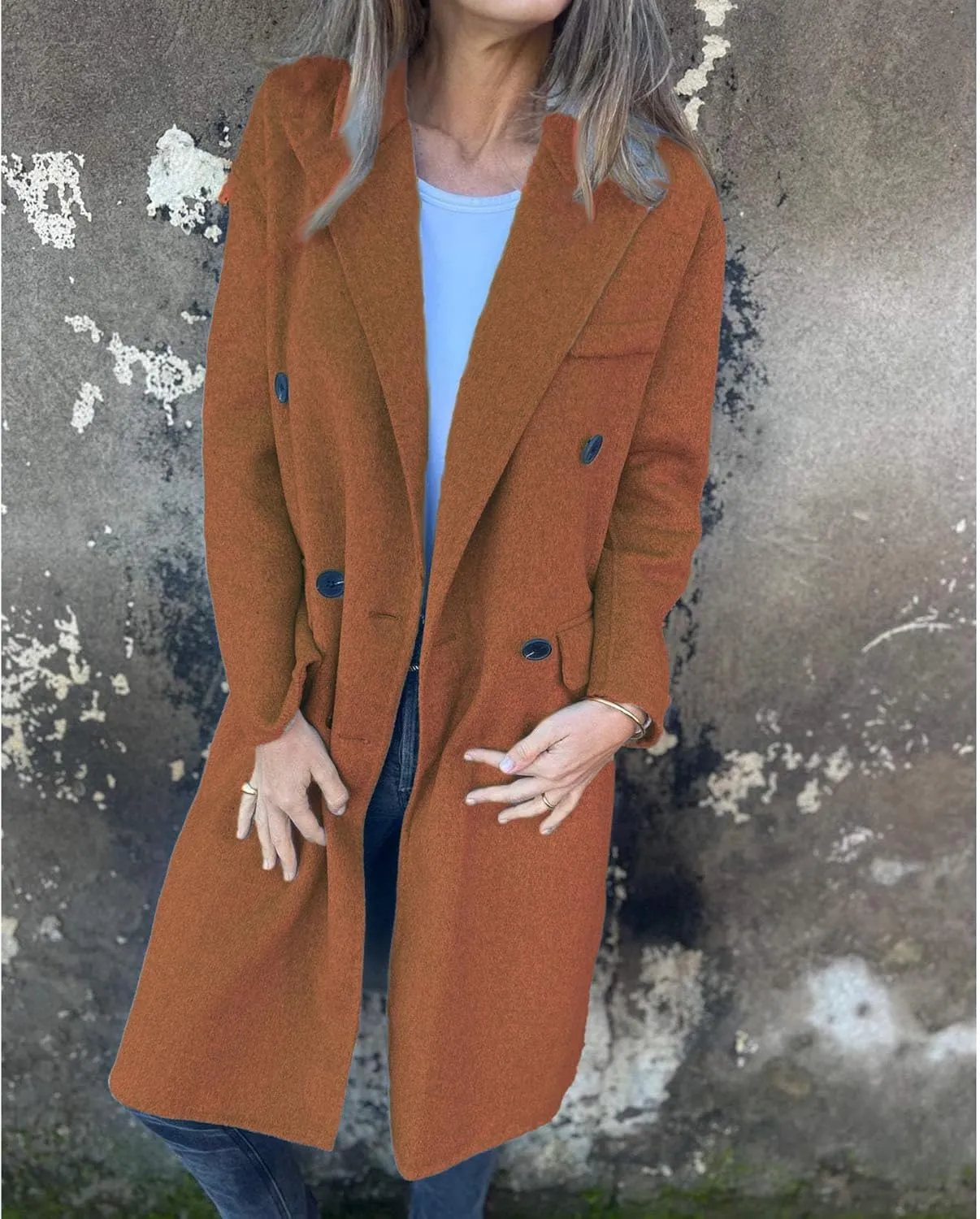 ECDAHICC Womens Wool Blend Coats Lapel Collar Double Breasted Pea Coat Winter Slim Fit Trench Coat with Pocket