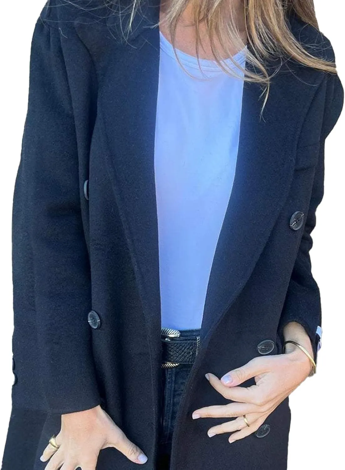 ECDAHICC Womens Wool Blend Coats Lapel Collar Double Breasted Pea Coat Winter Slim Fit Trench Coat with Pocket