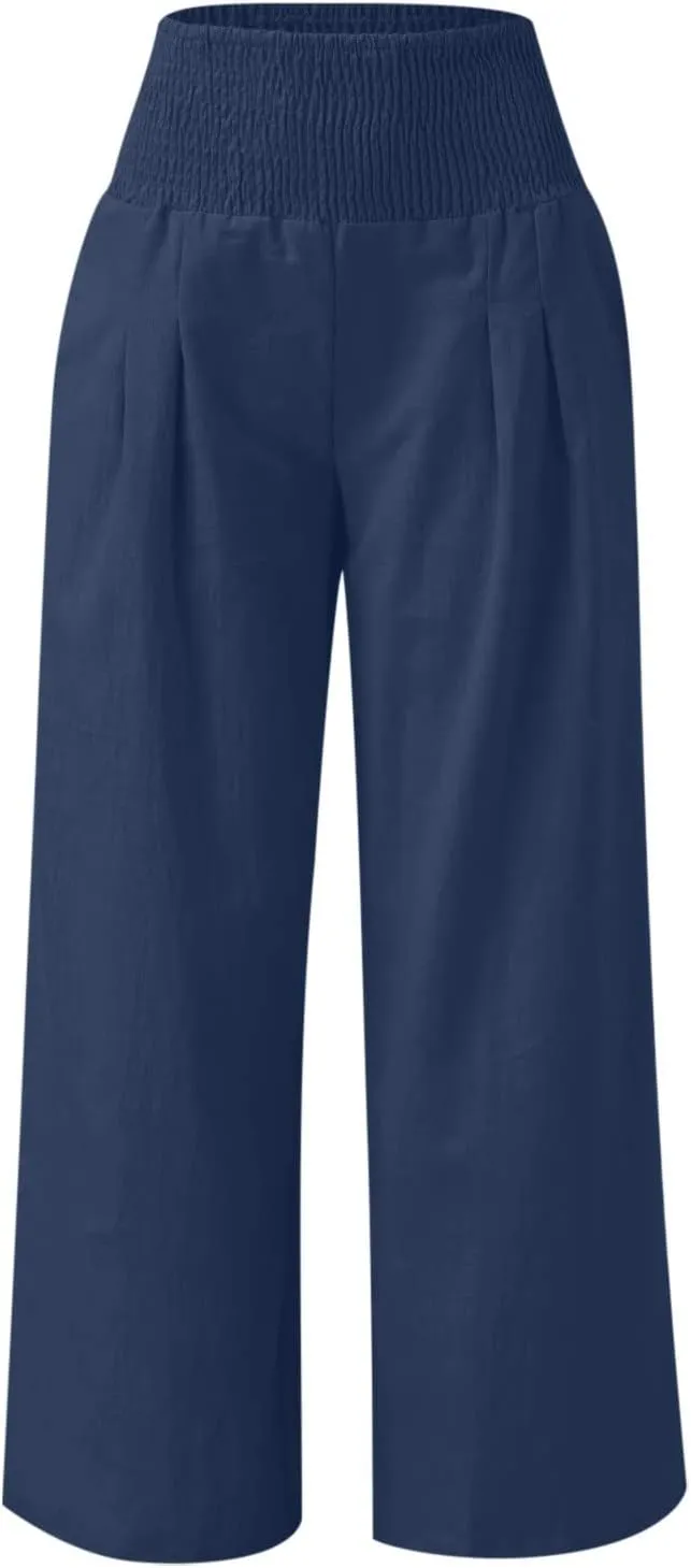 Elastic Waist Linen Pants for Women High Rise Yoga Pants Summer Casual Flowy Pants Loose Fit Lounge Pants with Pocket