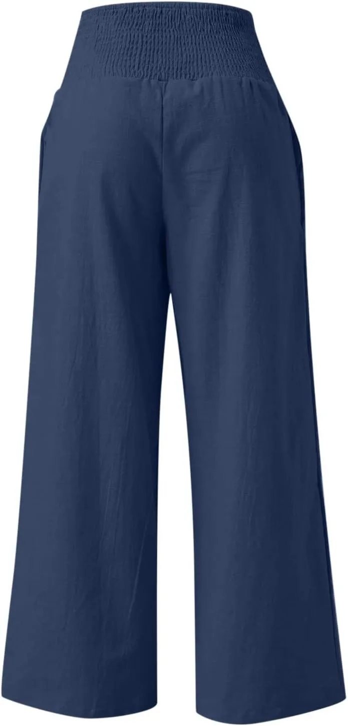 Elastic Waist Linen Pants for Women High Rise Yoga Pants Summer Casual Flowy Pants Loose Fit Lounge Pants with Pocket