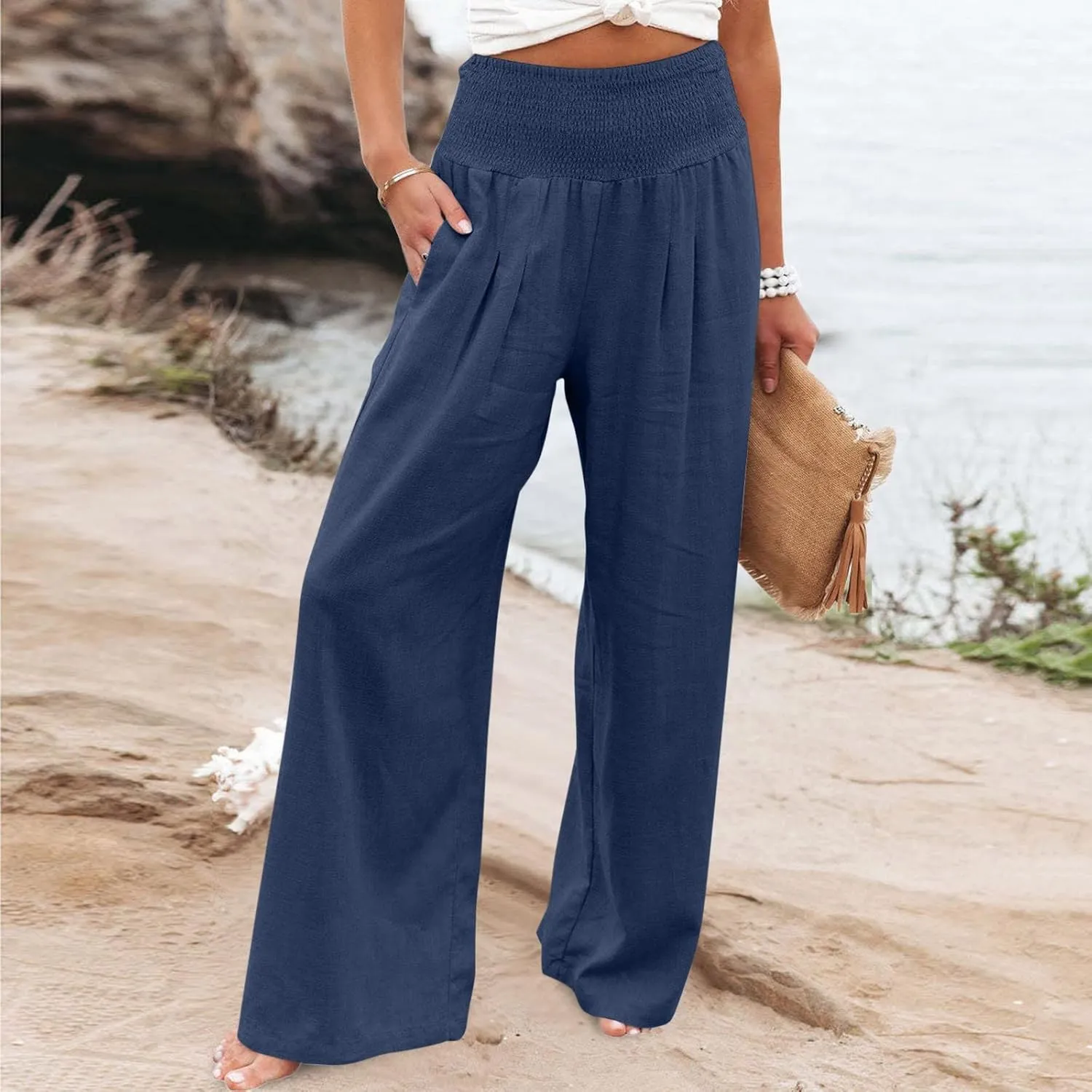 Elastic Waist Linen Pants for Women High Rise Yoga Pants Summer Casual Flowy Pants Loose Fit Lounge Pants with Pocket