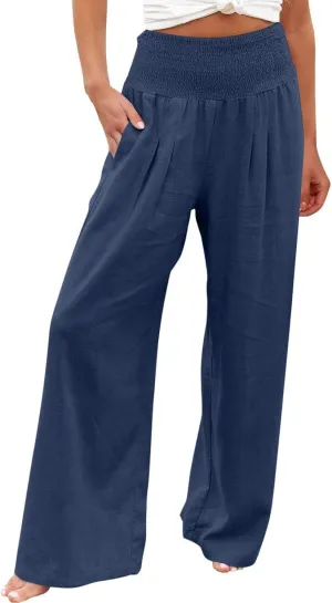 Elastic Waist Linen Pants for Women High Rise Yoga Pants Summer Casual Flowy Pants Loose Fit Lounge Pants with Pocket