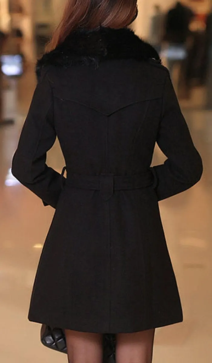 ELFTOWN Women's Double Breasted Midi Long Pea Coat Detachable Faux Fur Collar Long Sleeve Winter Trench Coats with Belt