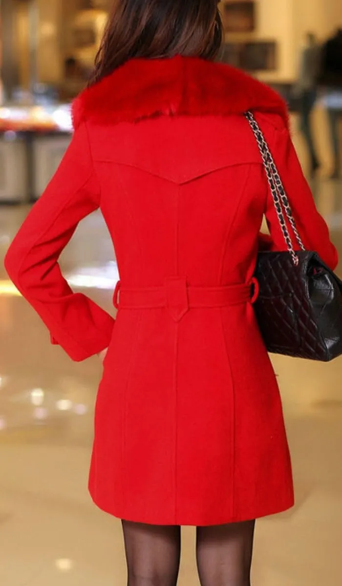 ELFTOWN Women's Double Breasted Midi Long Pea Coat Detachable Faux Fur Collar Long Sleeve Winter Trench Coats with Belt