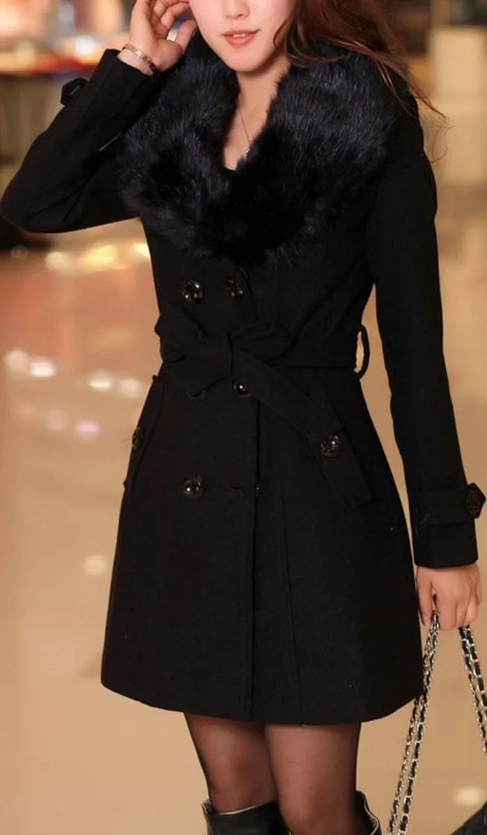 ELFTOWN Women's Double Breasted Midi Long Pea Coat Detachable Faux Fur Collar Long Sleeve Winter Trench Coats with Belt