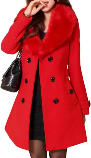 ELFTOWN Women's Double Breasted Midi Long Pea Coat Detachable Faux Fur Collar Long Sleeve Winter Trench Coats with Belt