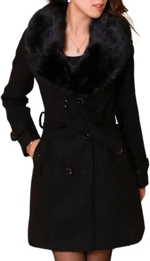 ELFTOWN Women's Double Breasted Midi Long Pea Coat Detachable Faux Fur Collar Long Sleeve Winter Trench Coats with Belt