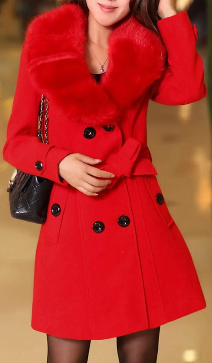 ELFTOWN Women's Double Breasted Midi Long Pea Coat Detachable Faux Fur Collar Long Sleeve Winter Trench Coats with Belt