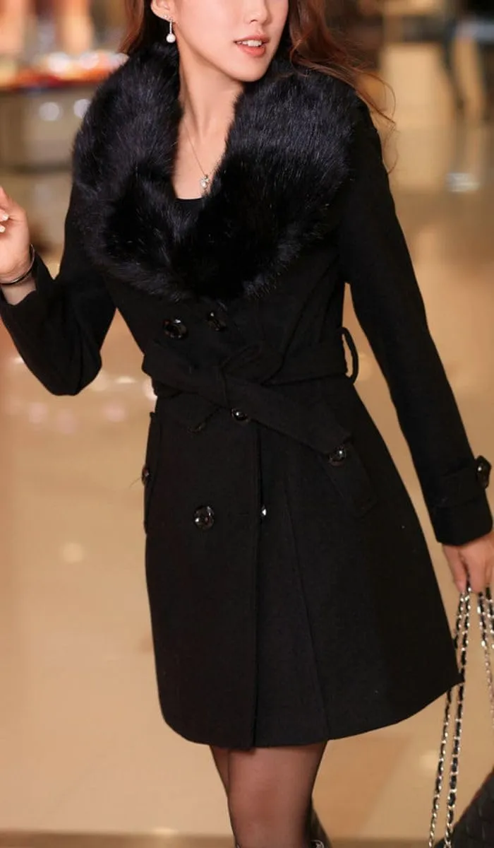 ELFTOWN Women's Double Breasted Midi Long Pea Coat Detachable Faux Fur Collar Long Sleeve Winter Trench Coats with Belt