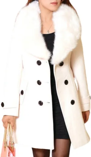 ELFTOWN Women's Double Breasted Midi Long Pea Coat Detachable Faux Fur Collar Long Sleeve Winter Trench Coats with Belt