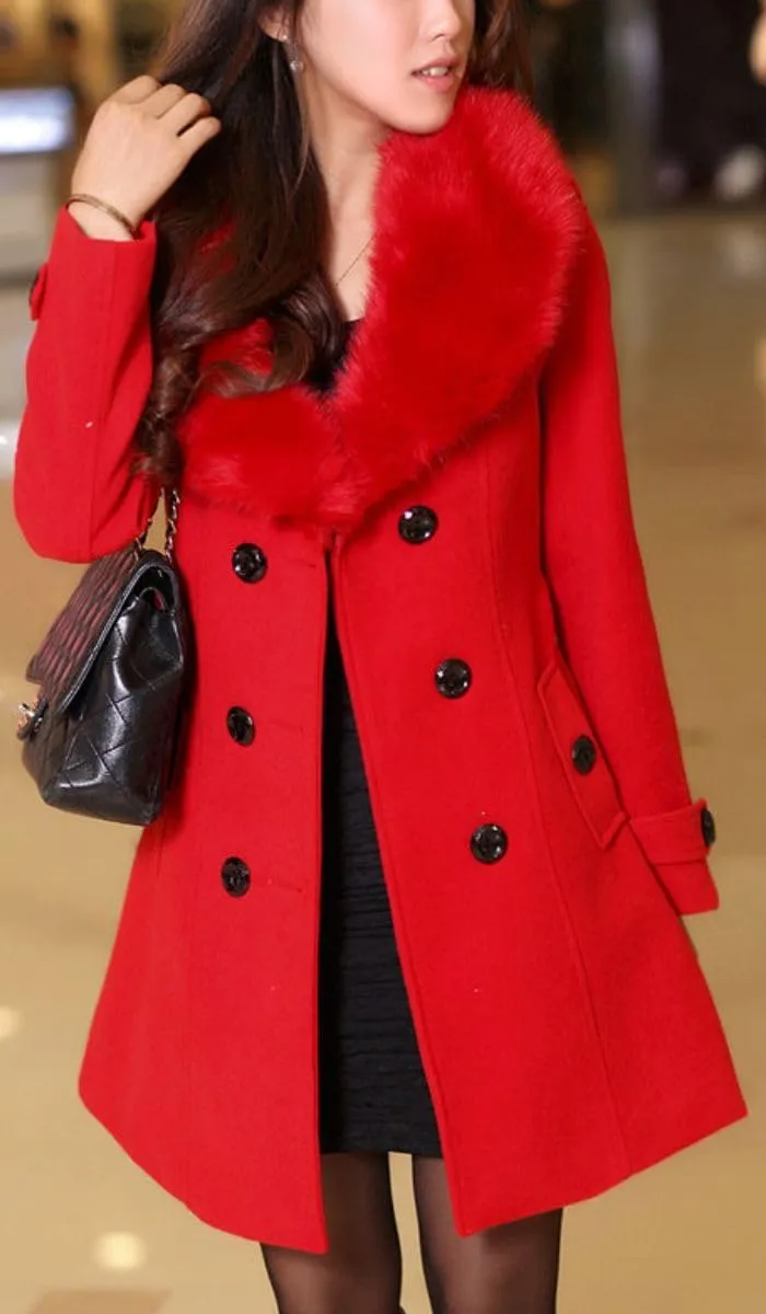 ELFTOWN Women's Double Breasted Midi Long Pea Coat Detachable Faux Fur Collar Long Sleeve Winter Trench Coats with Belt