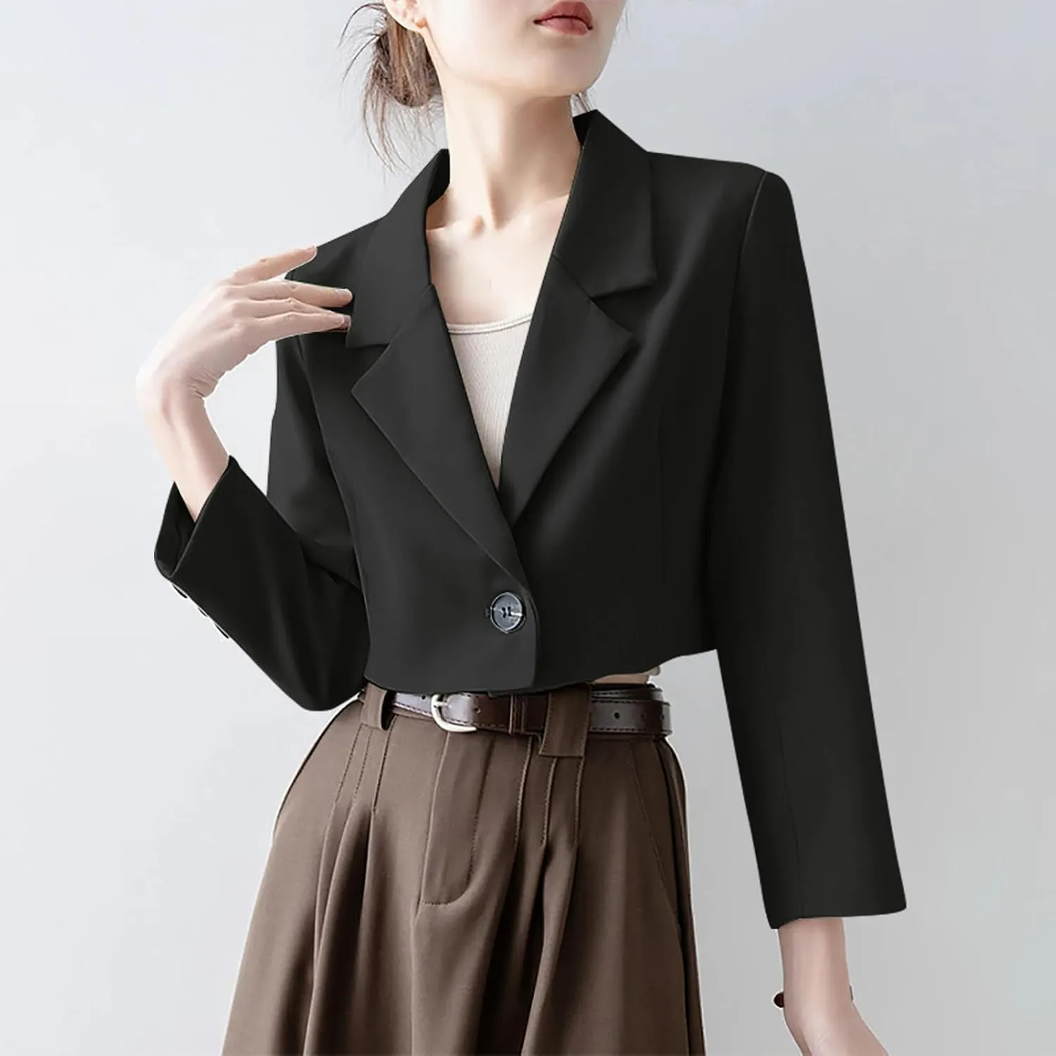 Fall Blazers for Women Business Open Front with Button Cardigans Jacket Casual Solid Lapel Cropped Blazer Coat