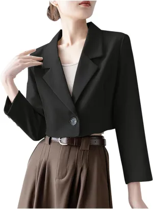 Fall Blazers for Women Business Open Front with Button Cardigans Jacket Casual Solid Lapel Cropped Blazer Coat
