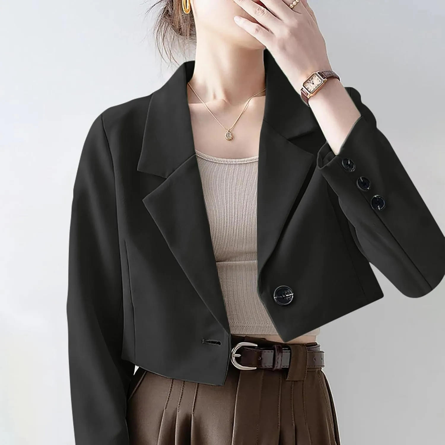 Fall Blazers for Women Business Open Front with Button Cardigans Jacket Casual Solid Lapel Cropped Blazer Coat