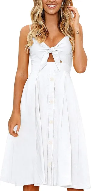 FANCYINN Womens Tie Front Button Down A-Line Dresses Summer Spaghetti Strap Midi Dress Floral Prints
