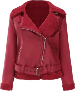 Faux Suede Leather Jacket for Women Warm Lambswool Fleece Zip Up Lapel Collar Jackets Fashion Pockets Moto Biker Coat