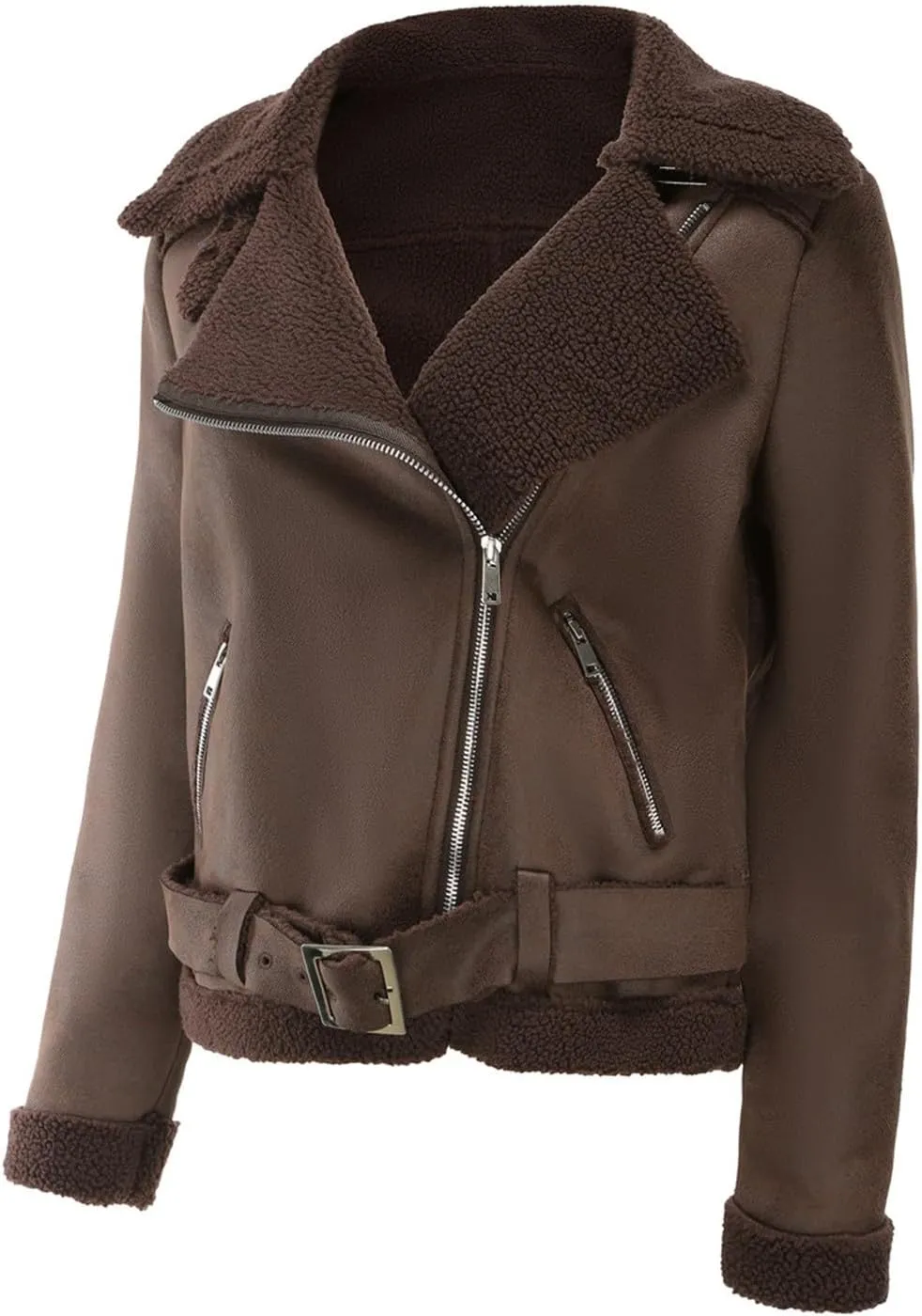 Faux Suede Leather Jacket for Women Warm Lambswool Fleece Zip Up Lapel Collar Jackets Fashion Pockets Moto Biker Coat