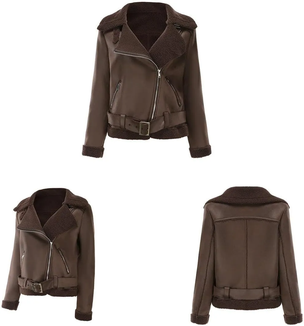 Faux Suede Leather Jacket for Women Warm Lambswool Fleece Zip Up Lapel Collar Jackets Fashion Pockets Moto Biker Coat