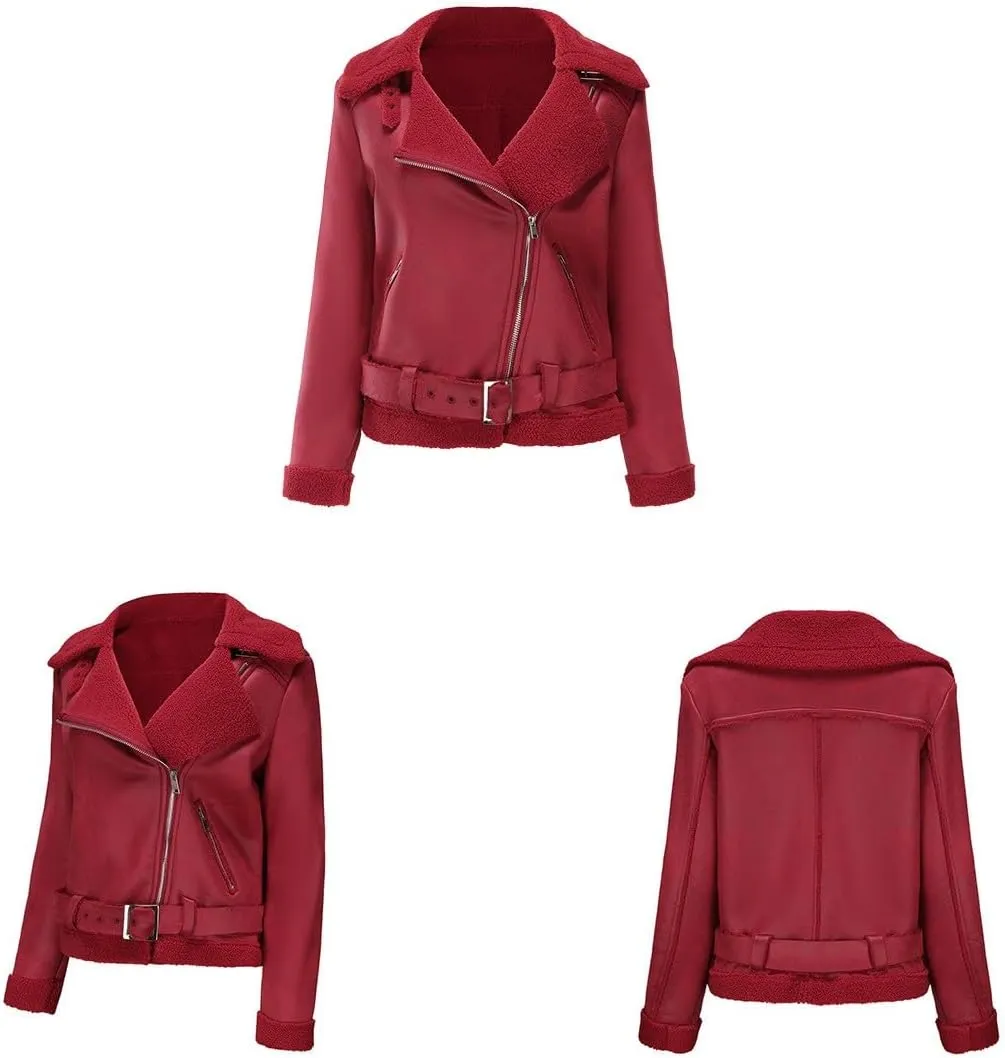 Faux Suede Leather Jacket for Women Warm Lambswool Fleece Zip Up Lapel Collar Jackets Fashion Pockets Moto Biker Coat